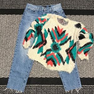 Lucky Brand Drew Mom Jeans Women’s 31 + Aztec Shaggy Sweater XL Outfit Bundle